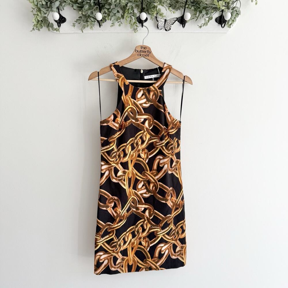 NEW Trina Turk Women’s Black Halter Sleeveless Chain Printed Sheath Dress Size 2